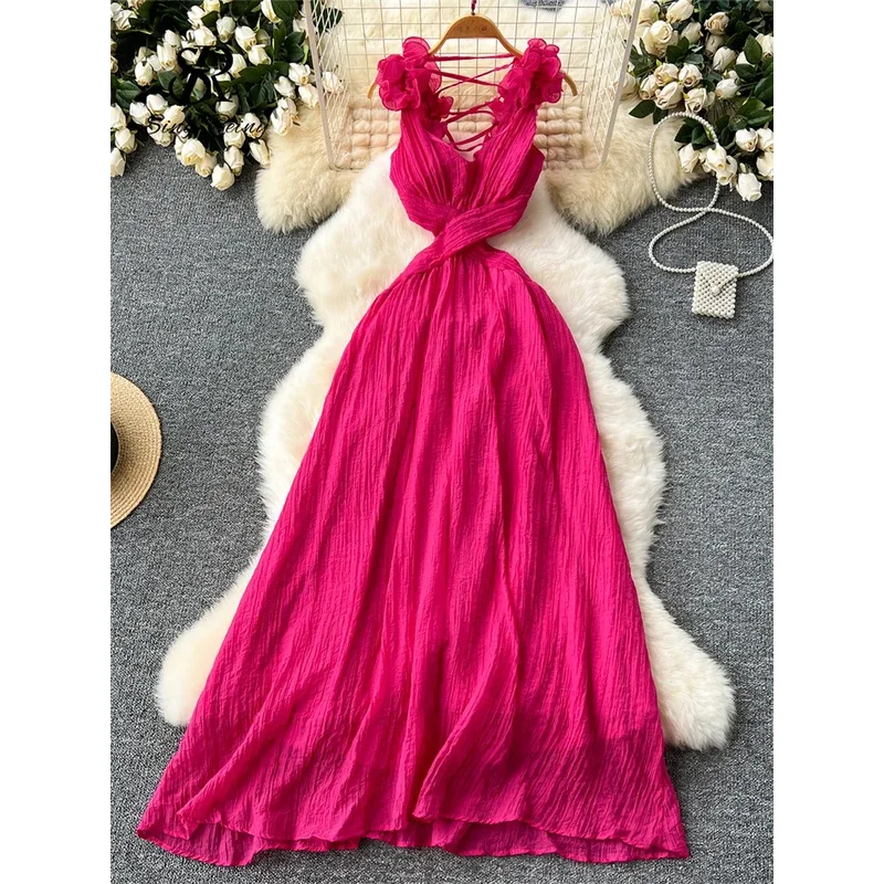 ZIXIN vacances robe Maxi dames 3D florale évider dos nu Sexy robe d'été de haute qualité plissée plage robe de soirée