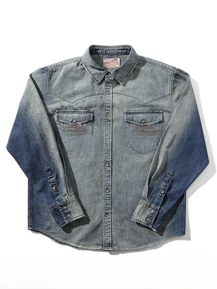 

MBBCAR Narrow Range Vintage Waed Denim Long Sve irt Heavy Distred Button Western Sle Youth Faion Cotton irt