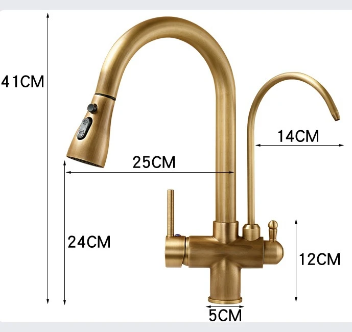 Solid Brass Three-in-One Pure Antique-Style Kitchen Faucet with Pull-Out Spout for Sink Basins Three-Mode Kitchen Tap