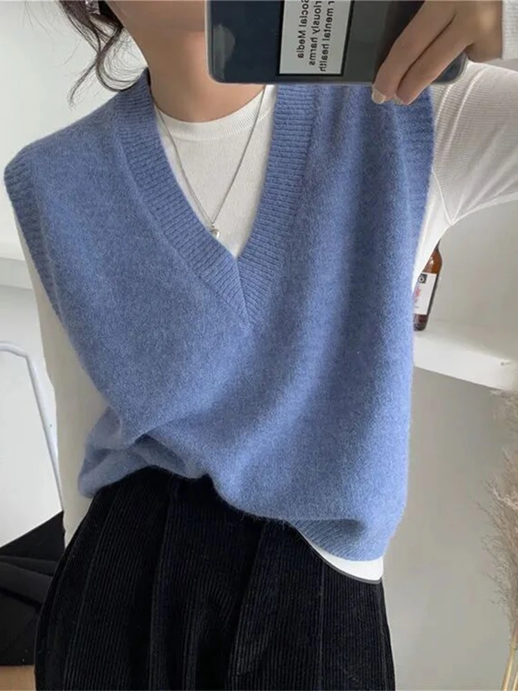 Spring Autumn Knitted V-Neck Women's Vest Versatile Simple Outerwear Jacket New Style Sweater Short Blue Sleeveless Vest