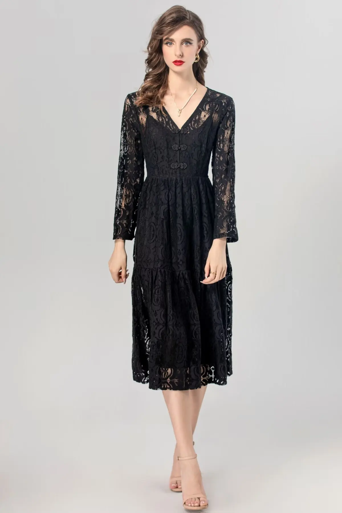 ZJYT Elegant Autumn Long Sleeve Lace Dresses for Women 2024 Fashion V Neck Hollow Out Midi Party Dress Black Vestidos Vintage