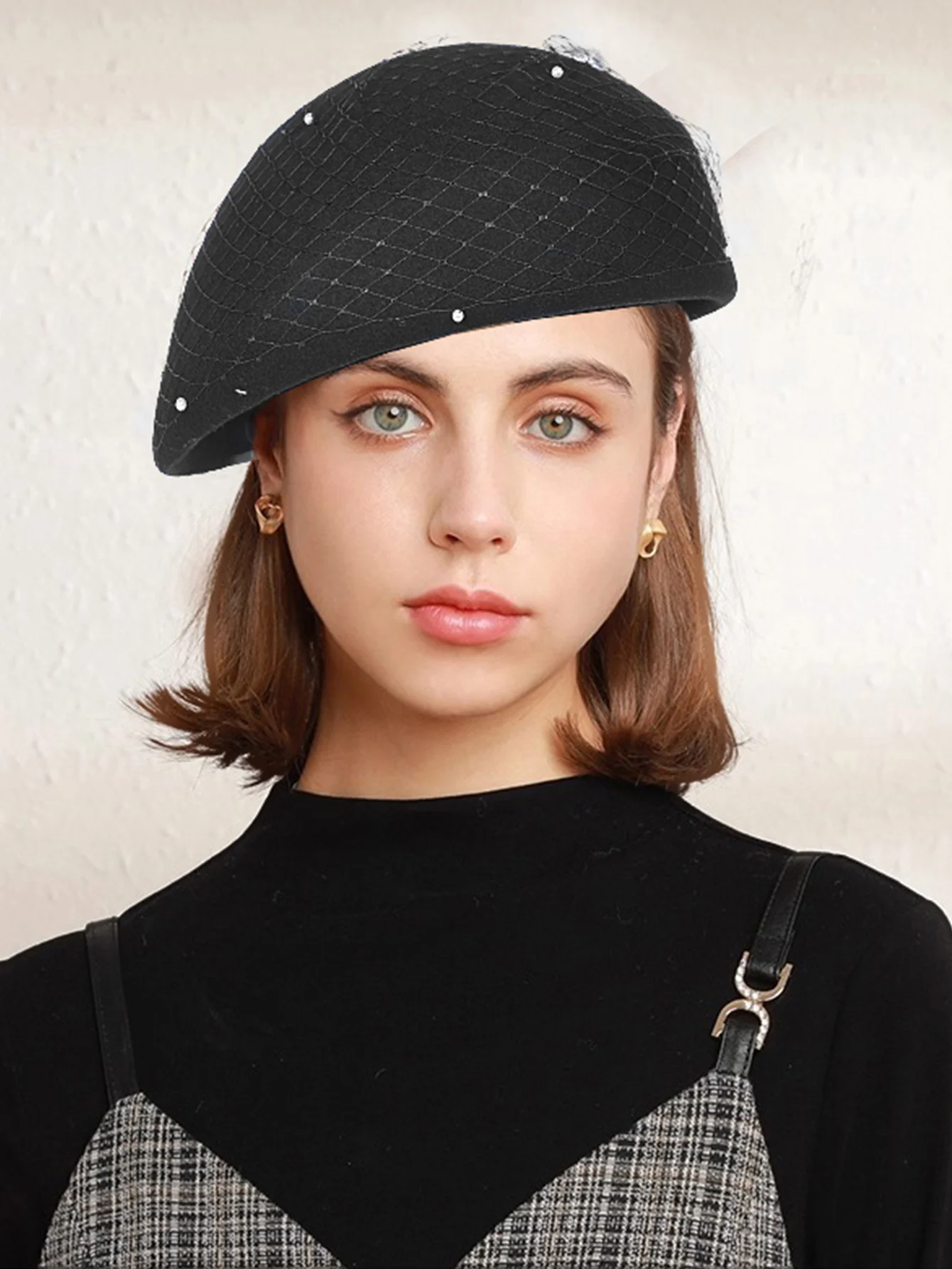 

Wool Felt Beret Hat - French Millinery Wedding Cocktail Cap for Women with Veil Beaded, Perfect for Formal Church, Tea Party
