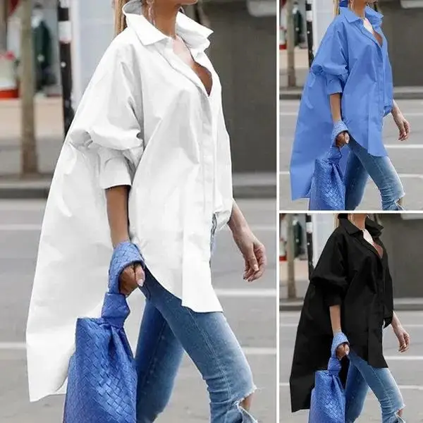 

Women's Long Sved Shirt Highlow Top Lantern Sleeve Nine Point Sleeve Pure Color Nondeformable Winter Fashion Ladies' Shirt