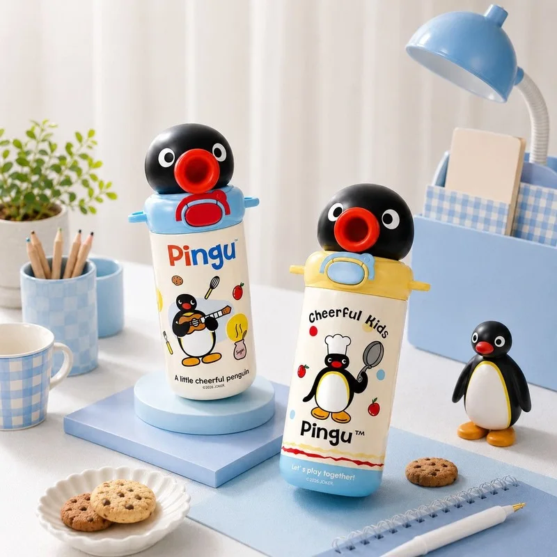 Pingu Cartoon Penguin Insulated Water Bottle 316 Stainless Steel Portable Straw Cup Cute Travel Couple Drinkware