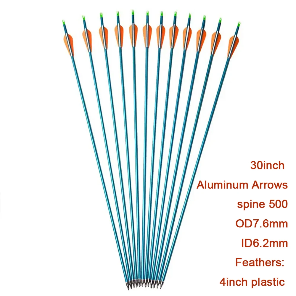 30inch Aluminum Arrows 4 Inches Vanes Replace Tips OD7.6mm id 6.2mm  spine500  for Hunting Compound Bow Hunting Shooting 12pcs