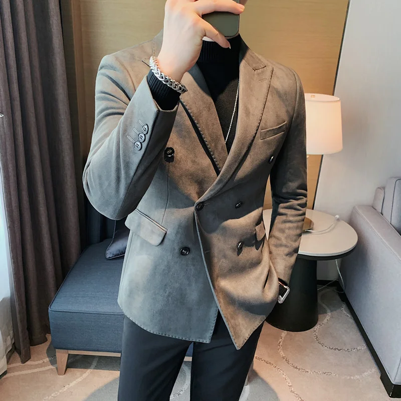 2024 Spring Korean Fit Solid Color Two Grain Double breasted Suit Brand Clothing Men\'s Suede Fabric Fit Fashion  Suit Jacket