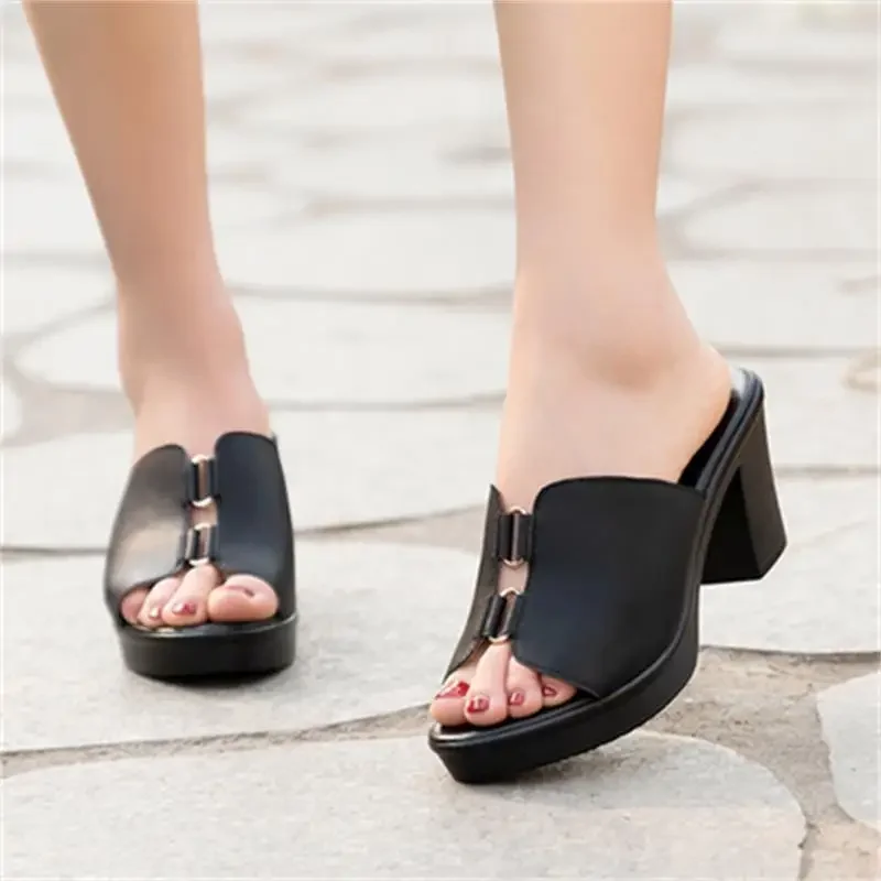 Newest Popular Women Slippers Pure Color Square Head Coarse Heel Women\'s Wedges Non-slip Comfortable Sandals zapatos