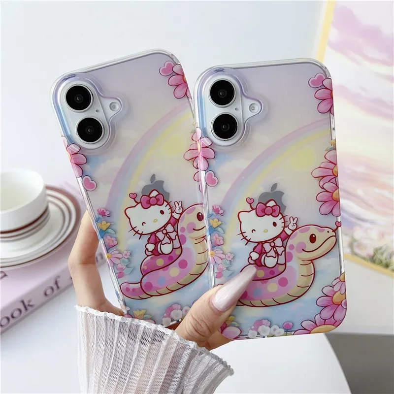 

Rainbow Pink Snake Hello Kitty Phone Case for iPhone 13 14 15 16 Pro Max Cute Cartoon Sakura cherry blossom Cover Cases