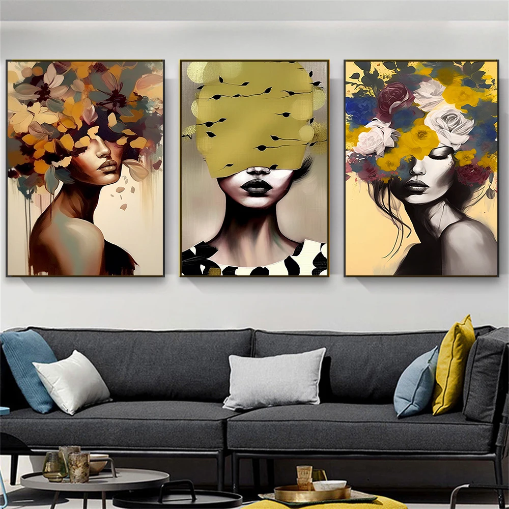 

Abstract Beautiful Woman Canvas Print Oil Painting Woman Floral Portrait Poster Retro Gold Wall Art Canvas Painting Room Decor