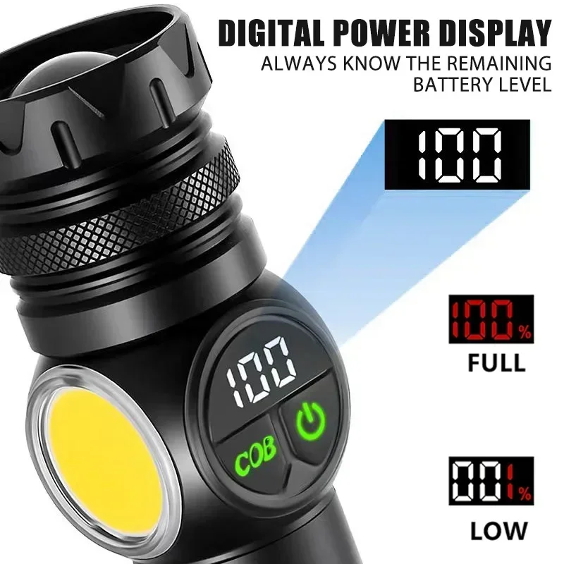 High Power LED COB Flashlight USB Rechargeable Torch Outdoor Searchlight Camping Light Telescopic Zoom Digital Display Lantern