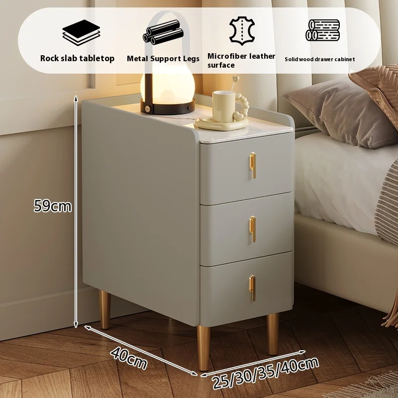 طاولة بجانب السرير ذكية ضيقة للغاية ذات 3 أدراج، حجر بسيط وحديث، ضوء فاخر لاسلكي قابل لإعادة الشحن، جانب تخزين لغرفة المعيشة