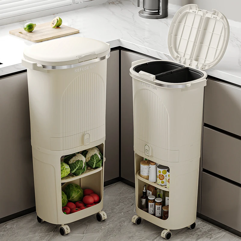 

Kitchen trash can 2025 new large-capacity wet and dry separation classification mobile with cover, no bending multi-layer rack