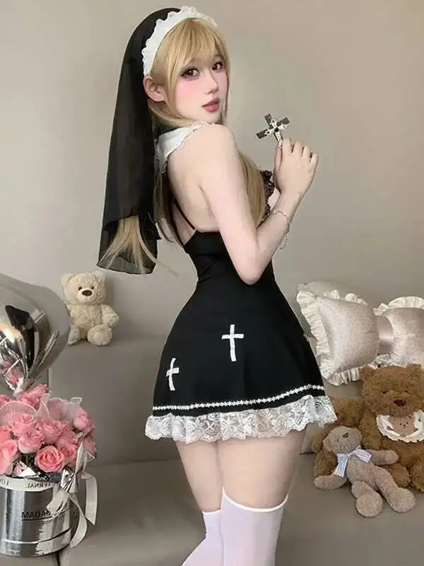 Sexy Nun Uniform, Erotic Pure Desire Temptation Pajamas Dress Elegant Hot Sexy Mini Dress Tank Tops 2025 New Fashion Women 2TCS