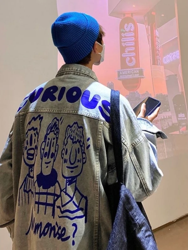 

Large Size 300 Pou American fiti Print Denim Jaet Men's Autumn Trendy Loose Casual Versatile Jaet Youthful Energy ...