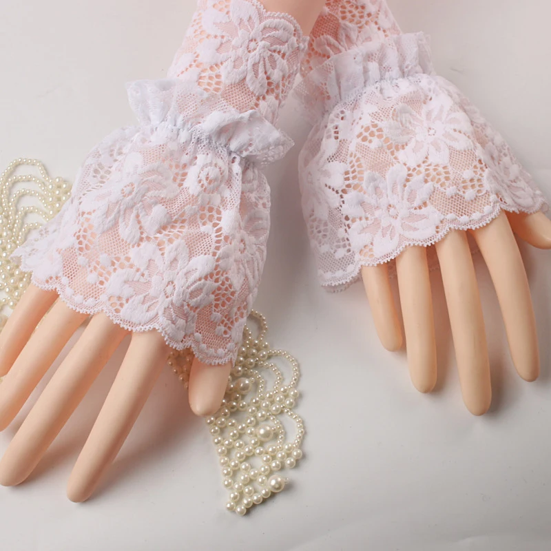 Guantes góticos sin dedos para mujer, Mangas de brazo corto, puños de muñeca de encaje, pulseras, guantes blancos y negros sólidos, guante de moda con lazo