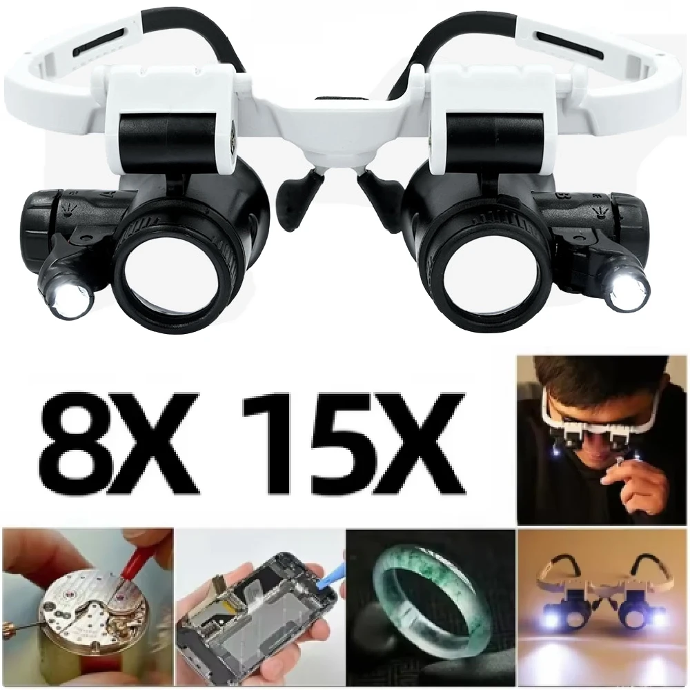 NEW 2XLED Watch Jeweler Repair Magnifier Head-Mounted Headband Adjustable Magnifying Head Eye Glasses Loupe Lens 8X 15X