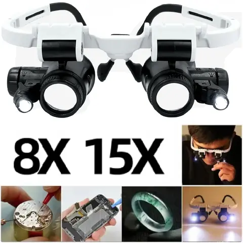 NEW 2XLED Watch Jeweler Repair Magnifier Head-Mounted Headband Adjustable Magnifying Head Eye Glasses Loupe Lens 8X 15X