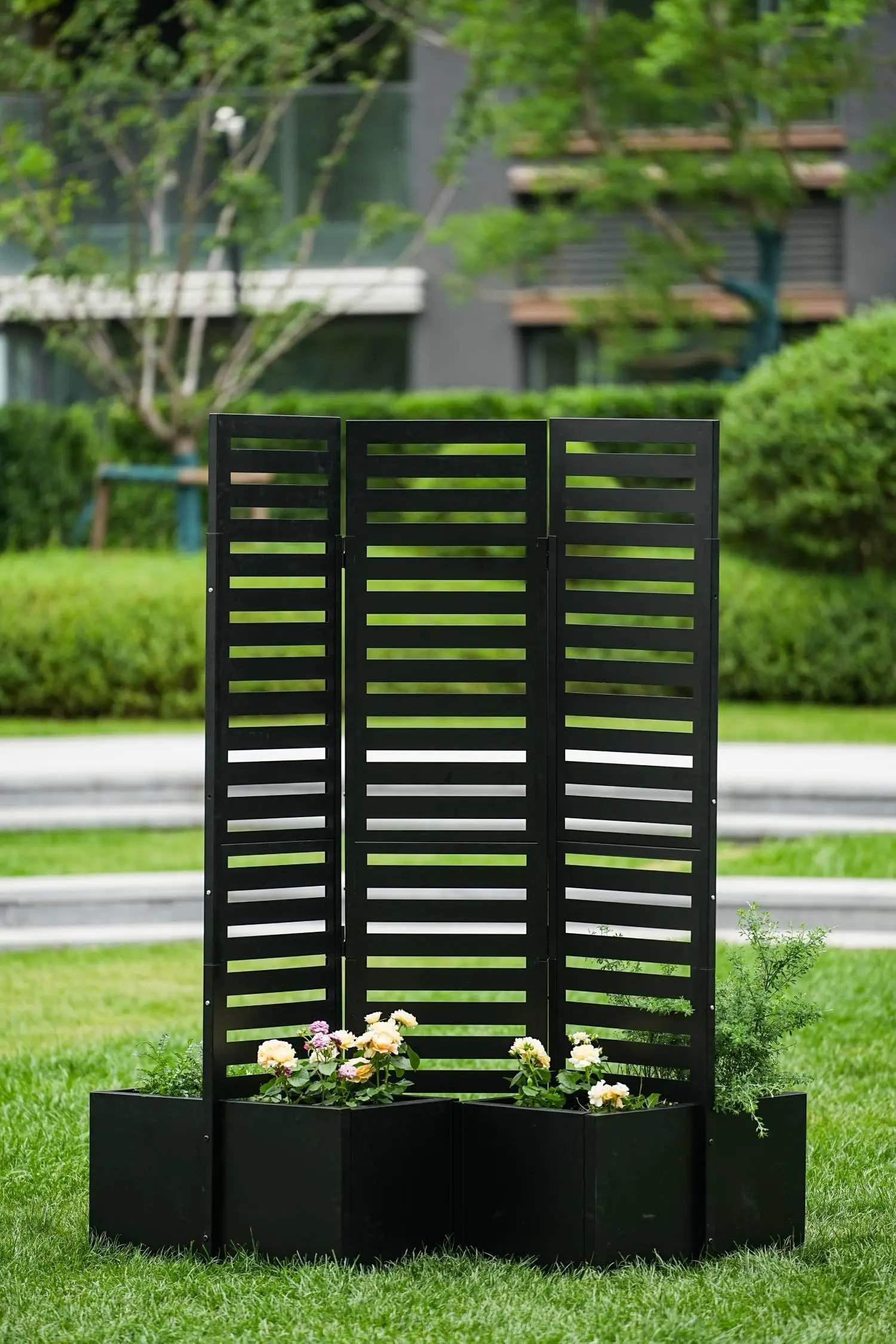3 Panel Metal Privacy Screen Freestanding With Integrated Tall Planter Boxes Outdoor Garden Divider With 4 Self Draining Beds 51x70x31 Inches For Patio Deck And Yard