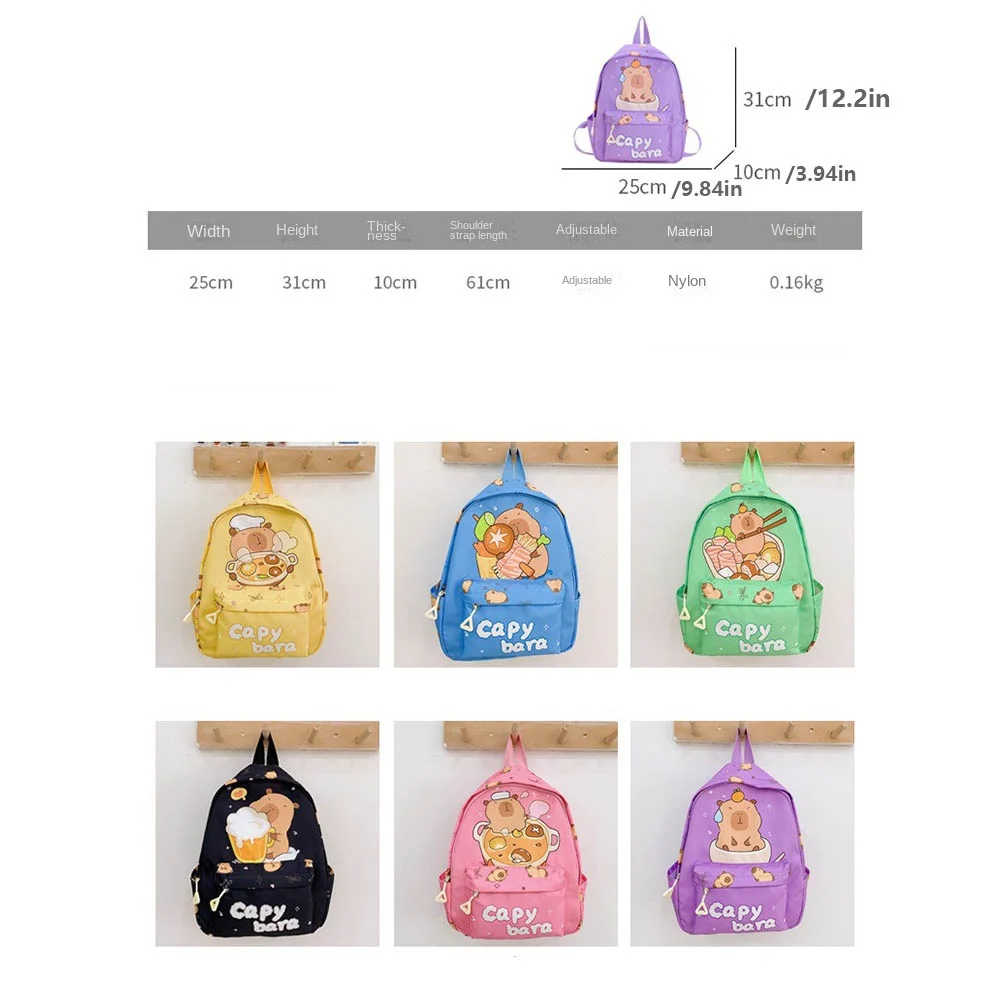 حقيبة ظهر خفيفة الوزن للأطفال مقاومة للماء من النايلون كابيبارا حقيبة مدرسية ذات سعة كبيرة وأشرطة واسعة وحقيبة كتب على شكل حيوانات كرتونية للأطفال