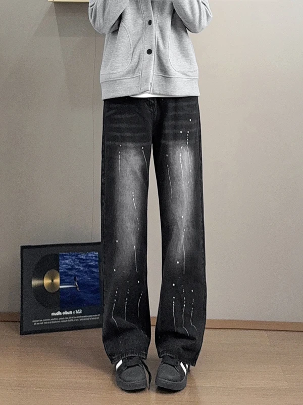 

Retro American k Spray Ink Jeans Men's Teenage Slim Straight Leg Long Pants Vibe Matching Wear Resistant Warm Casual Jeans