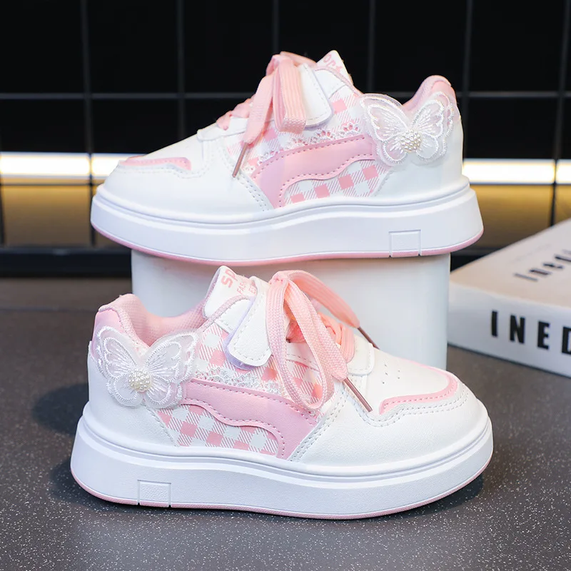 

Кроссовки для девочек, белые кружевные украшения, детская спортивная обувь с бабочкой, дышащая повседневная нескользящая уличная детская обувь для доски