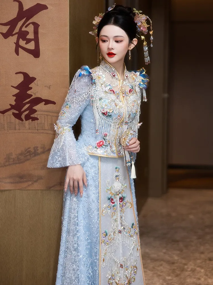 

New light-colored blue wedding dress for brides Chinese-style toasting gown and women