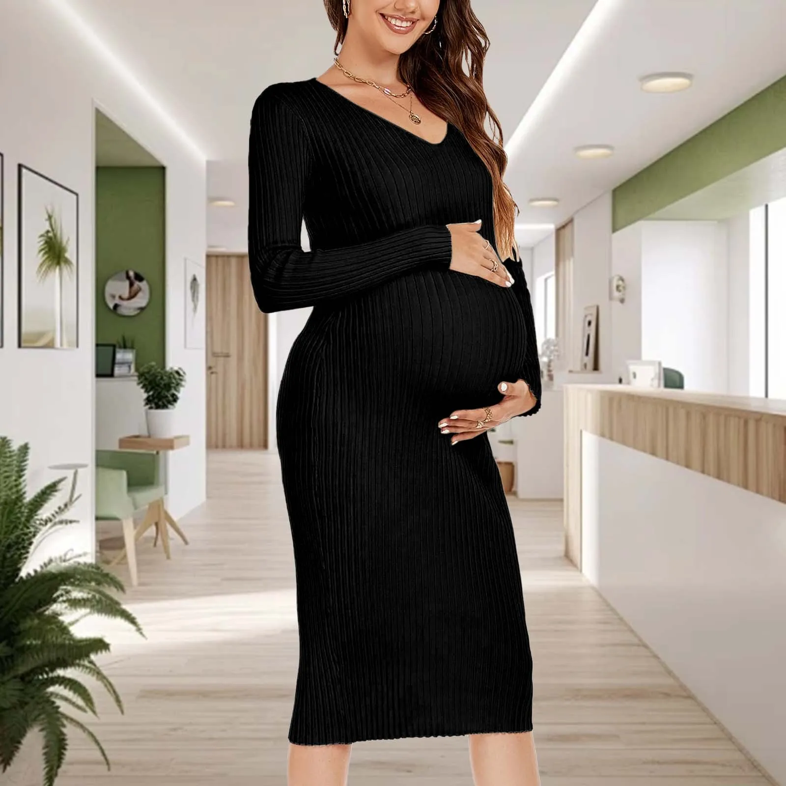 Elegant Maternity Slim Dress Autumn Long Sleeve V Neck Knitted Stretchable Sweater Dresses Pregnancy Bodycon Solid Color Clothes