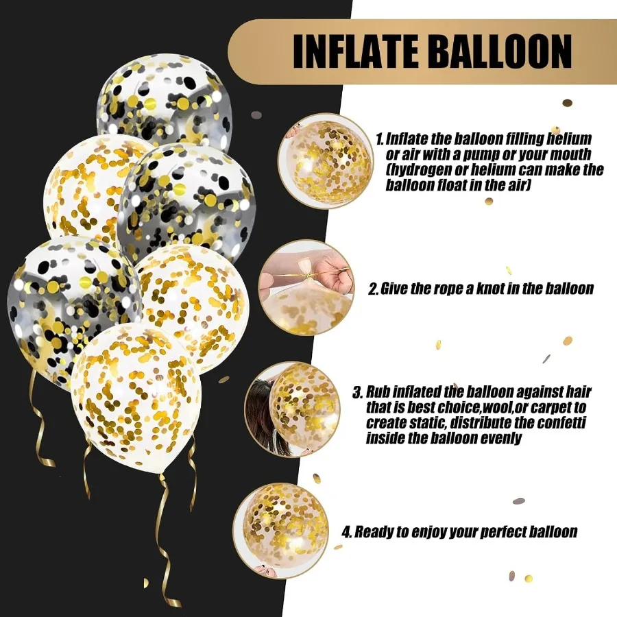 62 pièces Kit de ballons confettis colorés ballon scintillant 12 pouces ballons de fête confettis noir or blanc pour anniversaire bébé Sh