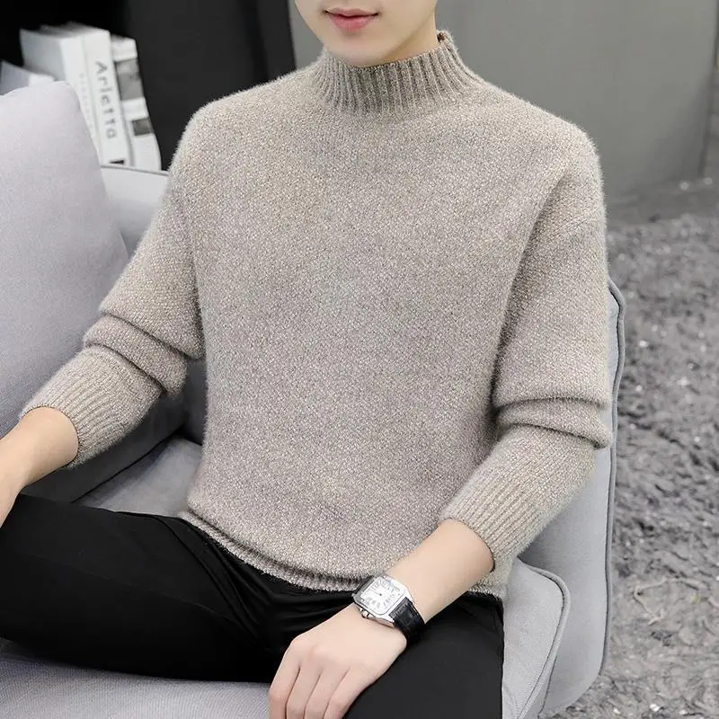 2024 Winter New Mink Hair Half High Collar Underlay for Men's Warm Sweaters Popular  Long Sleeve   Knitwear A67