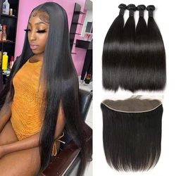 28 30 32 Inch Bone Straight 3 4 Bundles With Frontal 13x4 Transparent Lace Frontal Brazilian Human Hair Extensions For Women