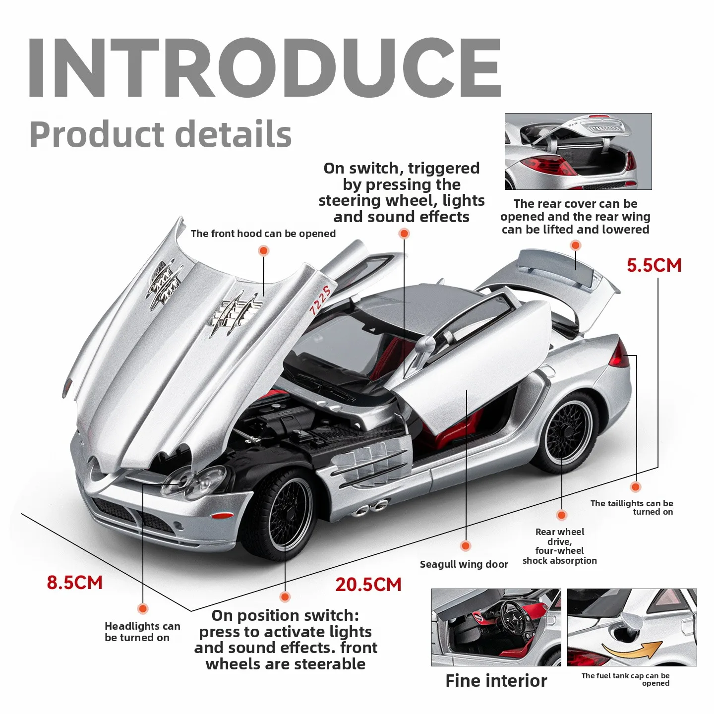 1:24 SLR 722S おもちゃのスポーツカーモデル金属ダイキャストサウンドライトプルバックドアオープン車両モデル装飾品ギフト