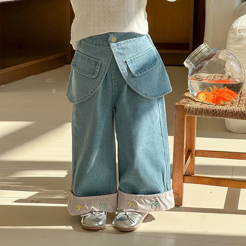 

Girls Straight Leg Pants Spring New 2025 Fashionable Cute Bow Detachable Fart Curtain Jeans Kids Clothes