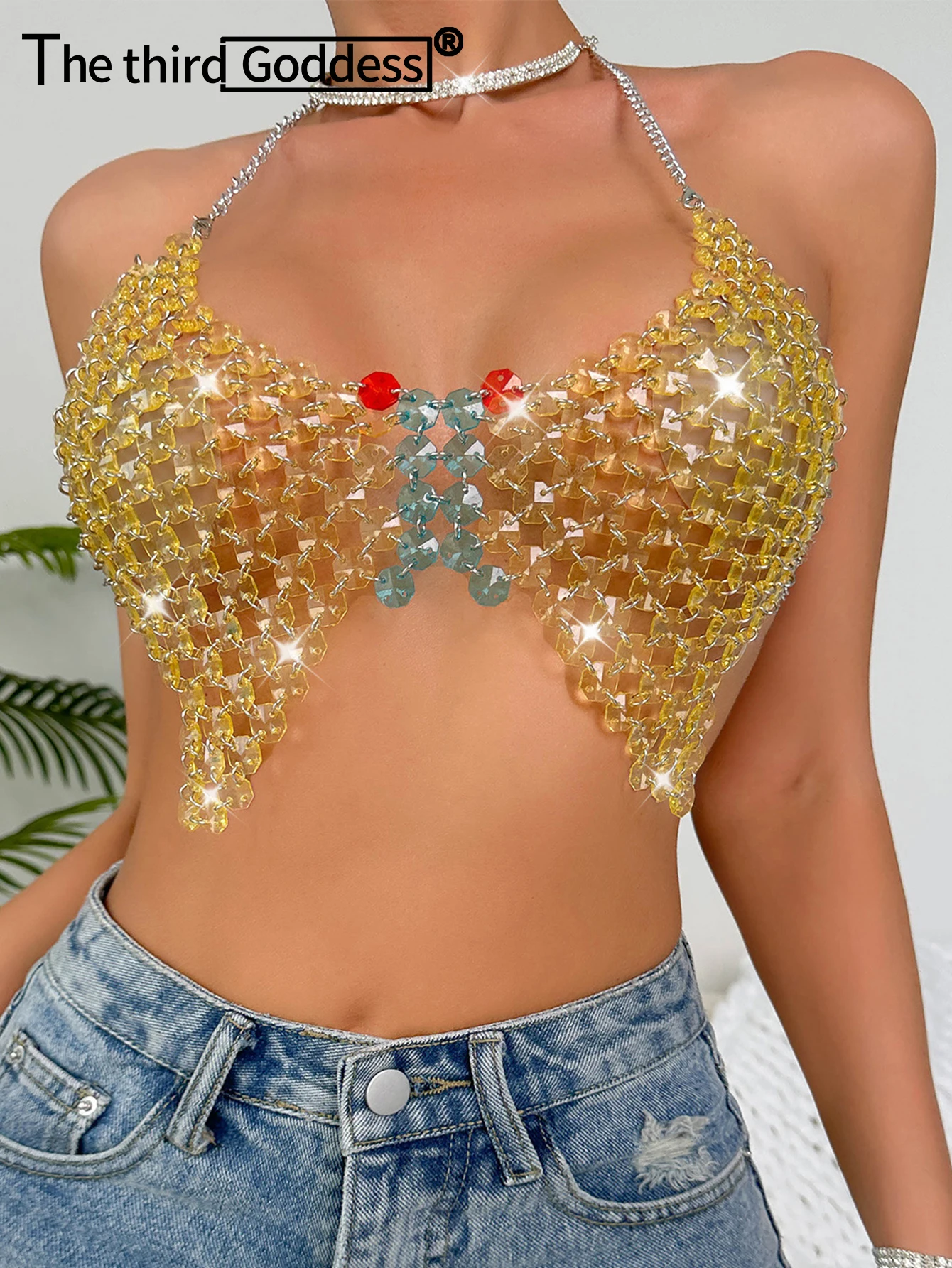 

Sexy y2k clothes metal rhinestone corset crop top women summer nightclub party halter tank top rave oufit see through beach tops