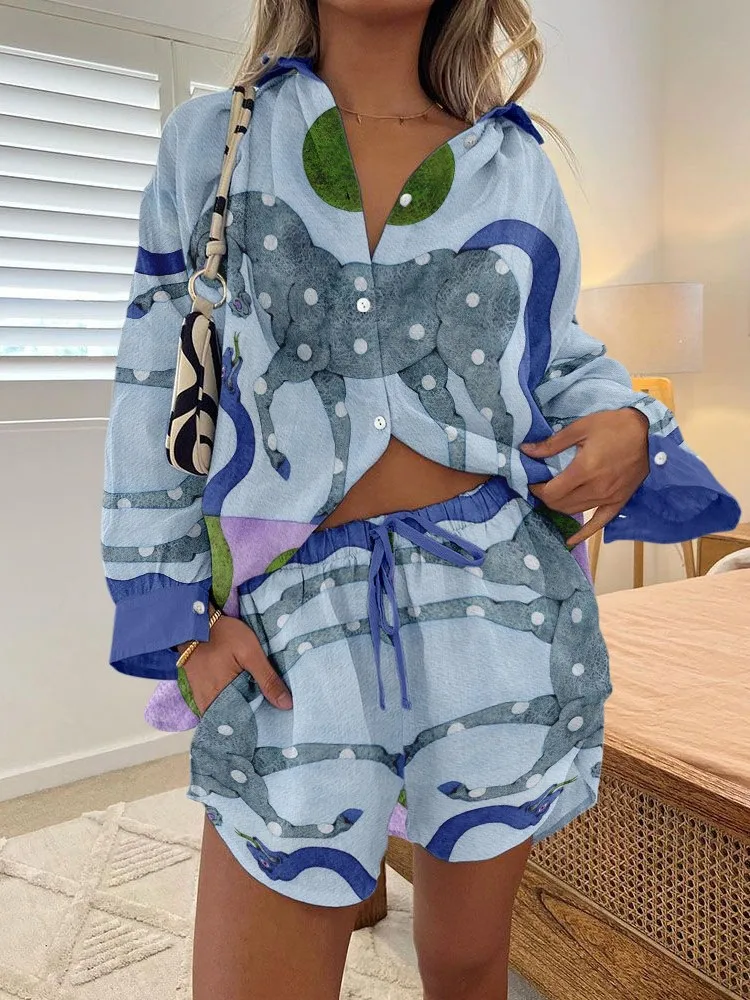 2-delige sets damesshirt met lange mouwen en shorts met wijde pijpen, shirt met modeprint, shorts voor dames, zomerse damesoutfits,