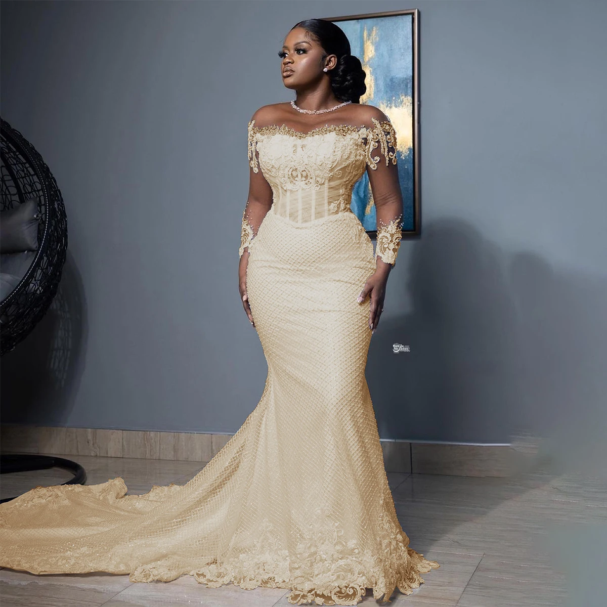 Customized Mermaid Wedding Dresses For Bride Women Elegant Sheer Long Sleeves Bridal Gowns Lace Customized Vestido De Novia image 5