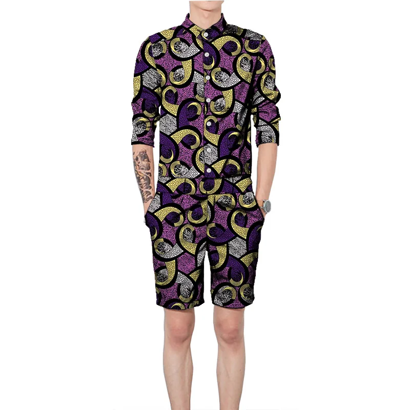 ไนจีเรียพิมพ์เสื้อแขนยาวพร้อมกางเกงขาสั้นผู้ชายชุดที่กําหนดเองแนวโน้มแอฟริกัน SLIM FIT PARTY ชุด