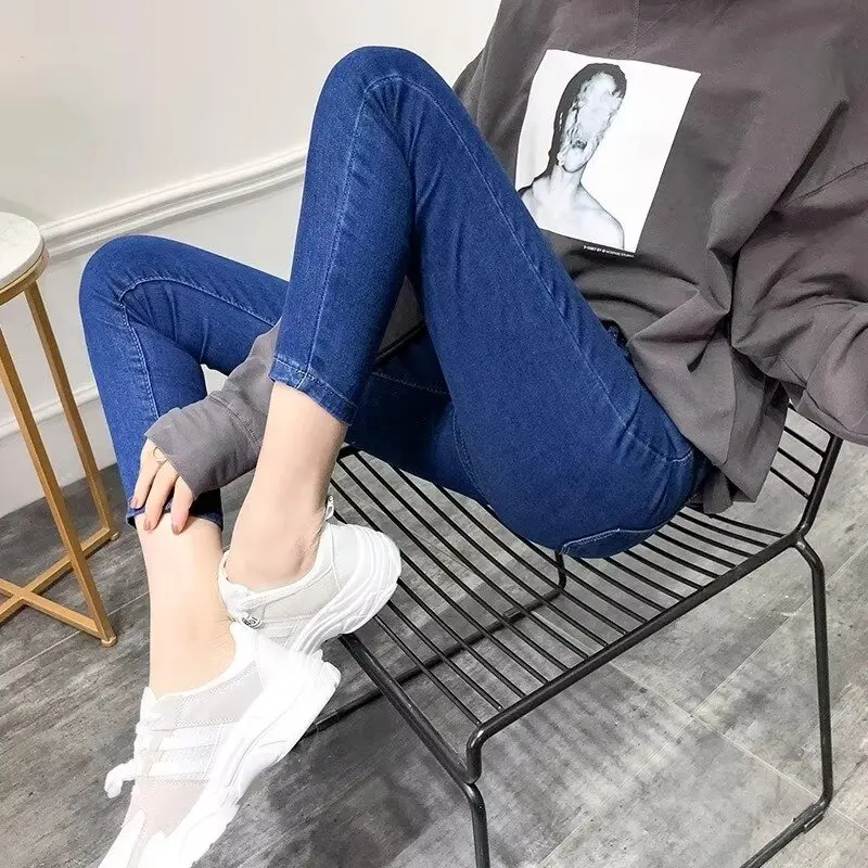 

High Waist Pure Color Denim Jeans Women's Slim Fit Elasticity Pencil Pants Spring Autumn Student Slimming Leggings