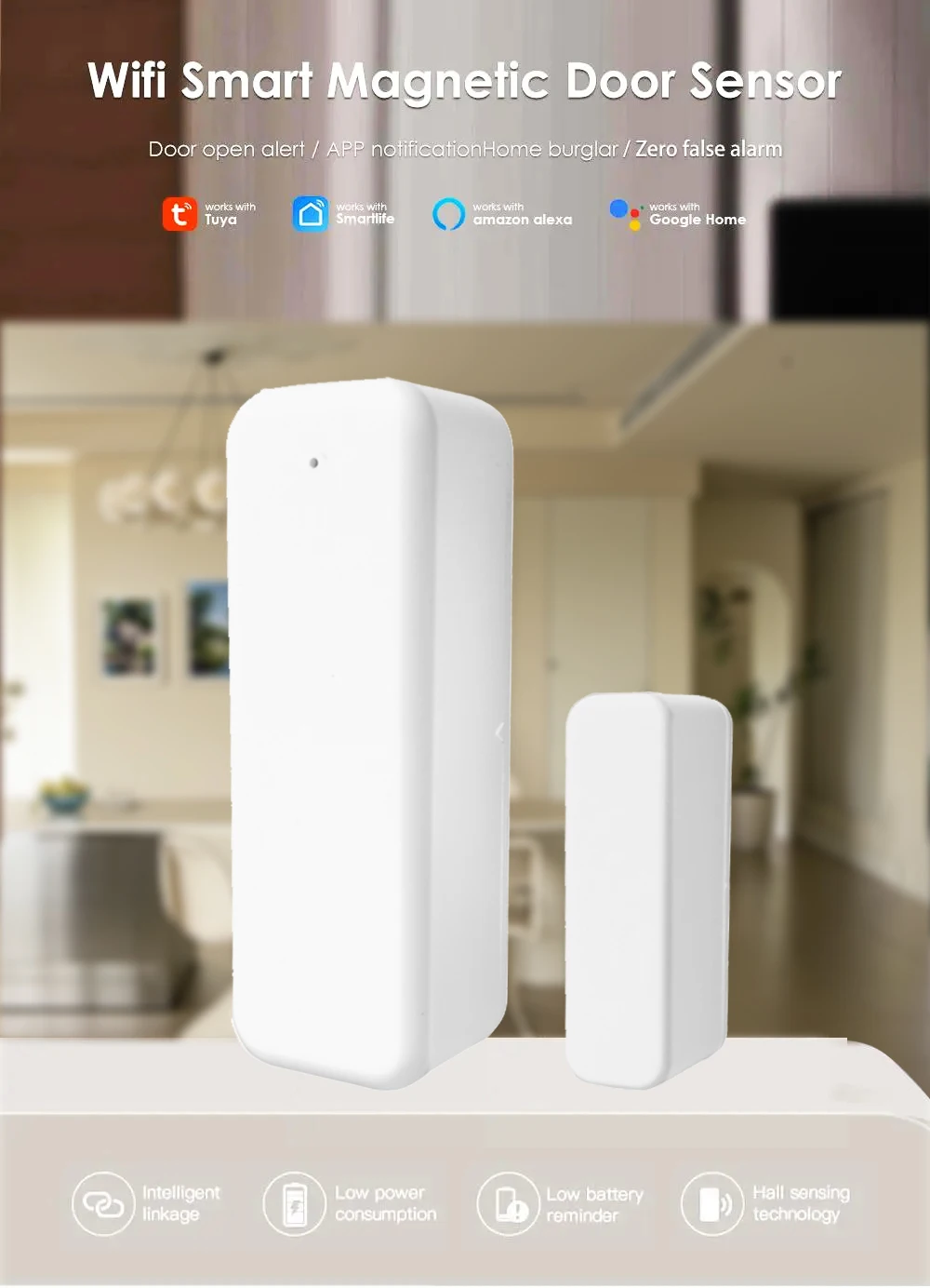 Mini Sensor de puerta inteligente con Wifi, Detector de contacto magnético, apertura y cierre de puerta, Control por voz por Alexa y Google Home,