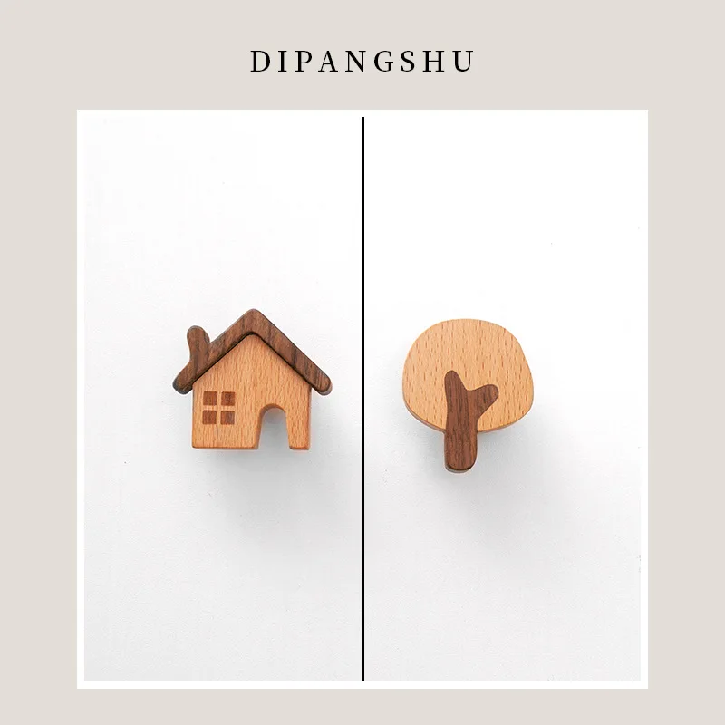 Wood Cartoon House Solid Wood Handles Natural Wood Color Kids Wardrobe Door Pulls Creative Round Drawer & Cabinet Knobs