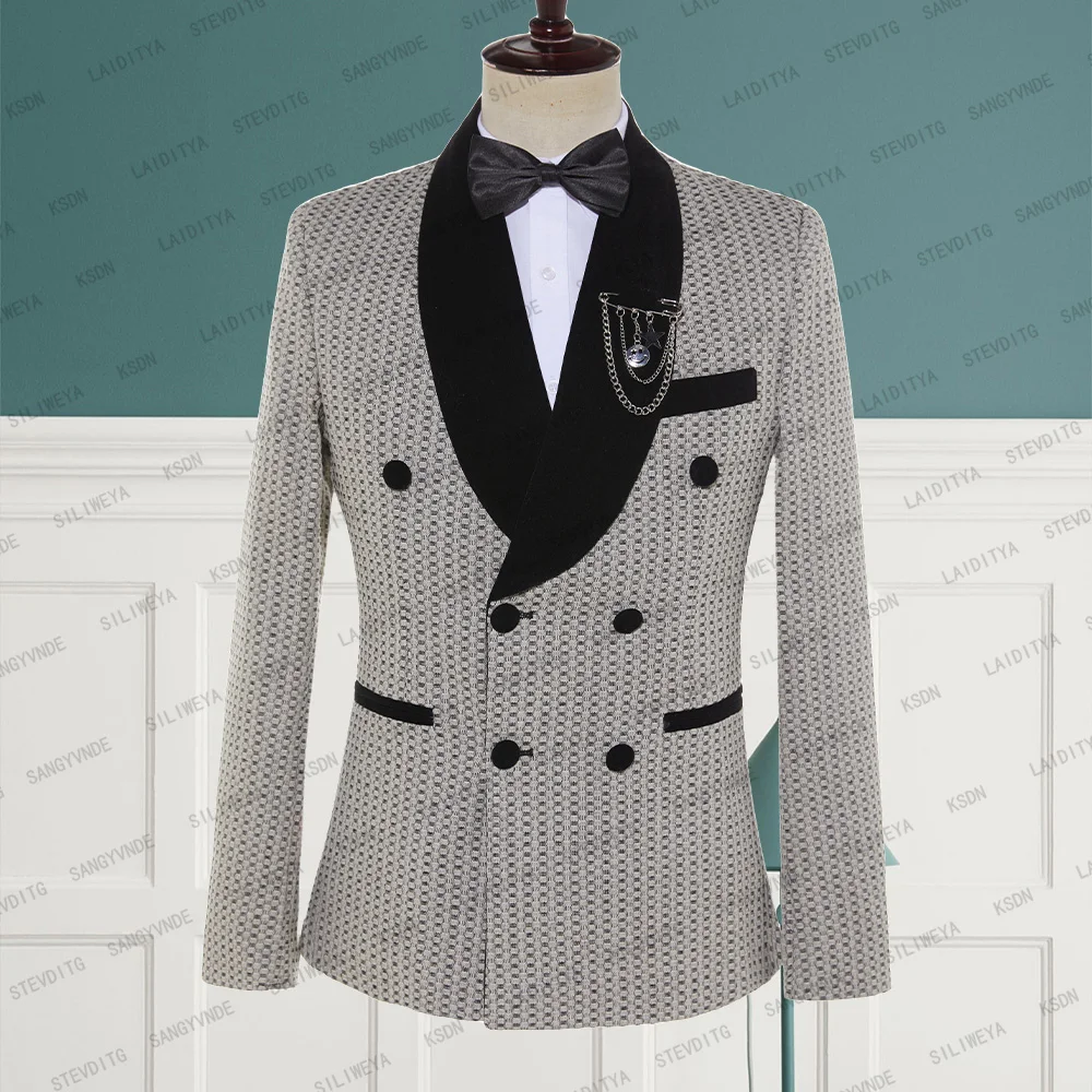 

2023 New Khaki Polka Dots Men Suits Double-Breasted Black Velvet Lapel Slim Fit Casual Tuxedos For Wedding BlazerJacket Coat