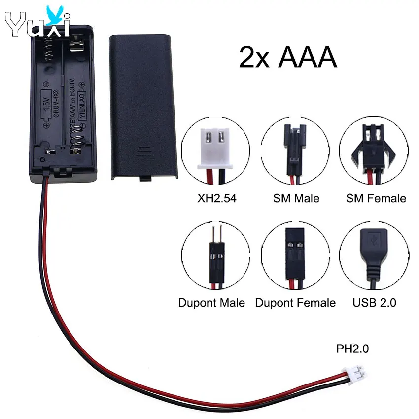 YuXi AAA 2-Slot-Batteriehalter, 3 V Batteriebox-Gehäuse mit Ein/Aus-Schalter mit PH2.0 XH2.54 SM Dupont USB-Stecker