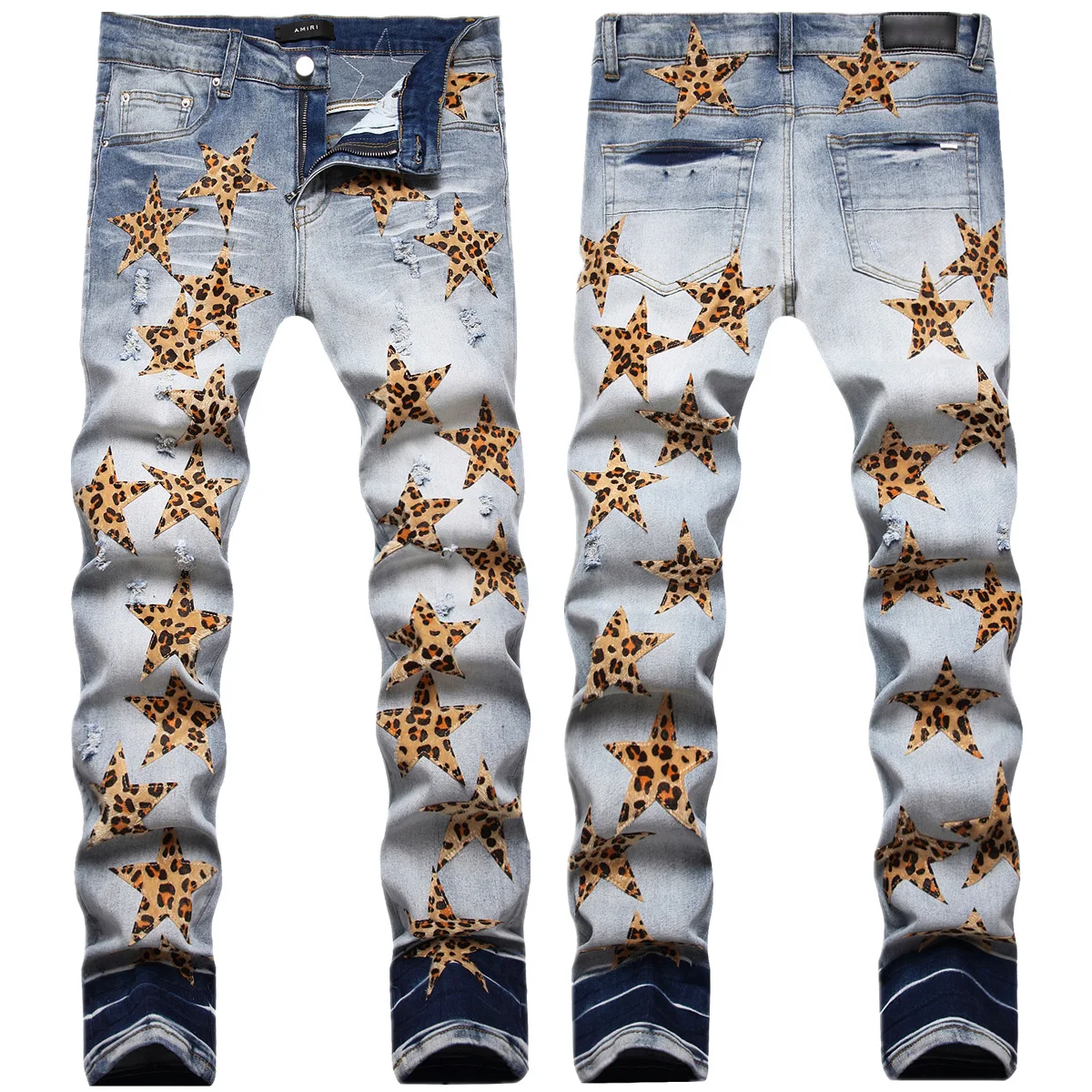 Europe and the United States embroidery ripped jeans men AM fashion brand star leopard print stretch slim pants