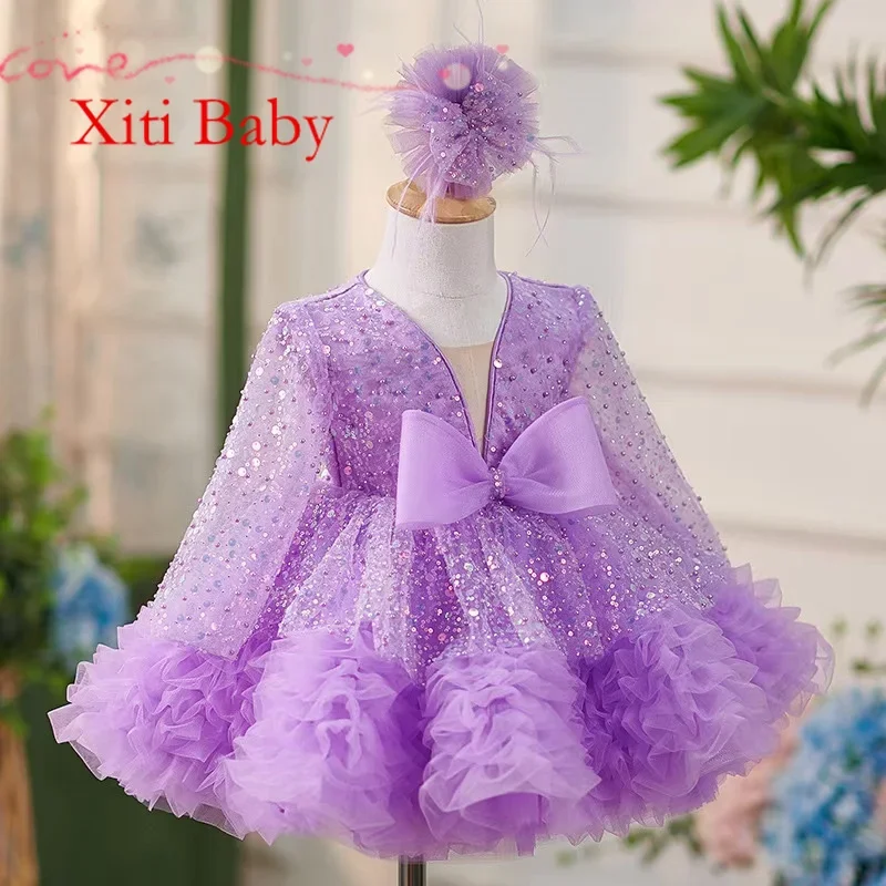 Luxury Child Girl Wedding Dress Bow Purple Party Dresses Beads Tiered Tulle Sleeves Puffy Flower Girl Dresses For Weddings