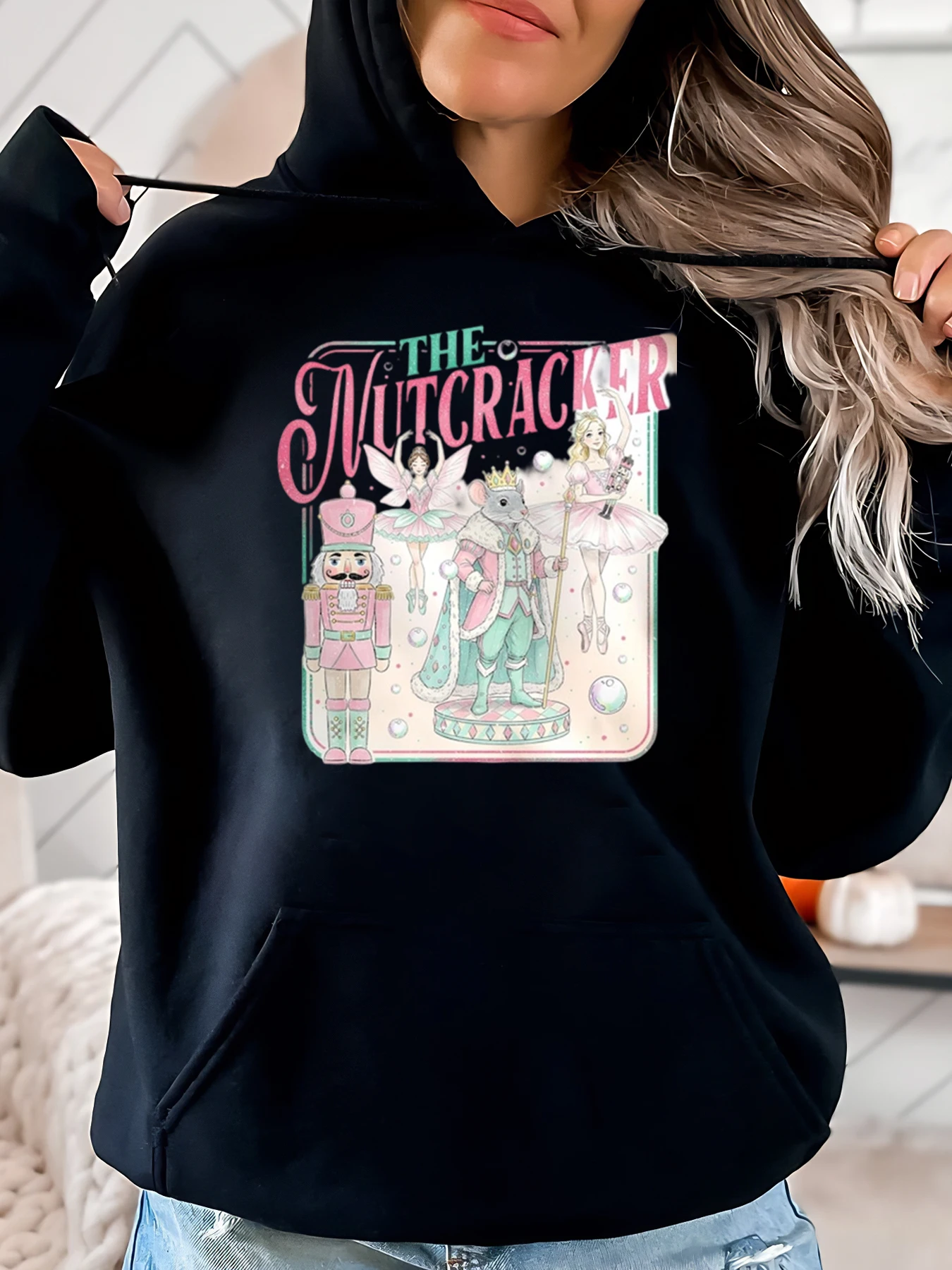 

Толстовка с рождественским принтом «Щелкунчик», женская повседневная зимняя одежда, черная, больших размеров