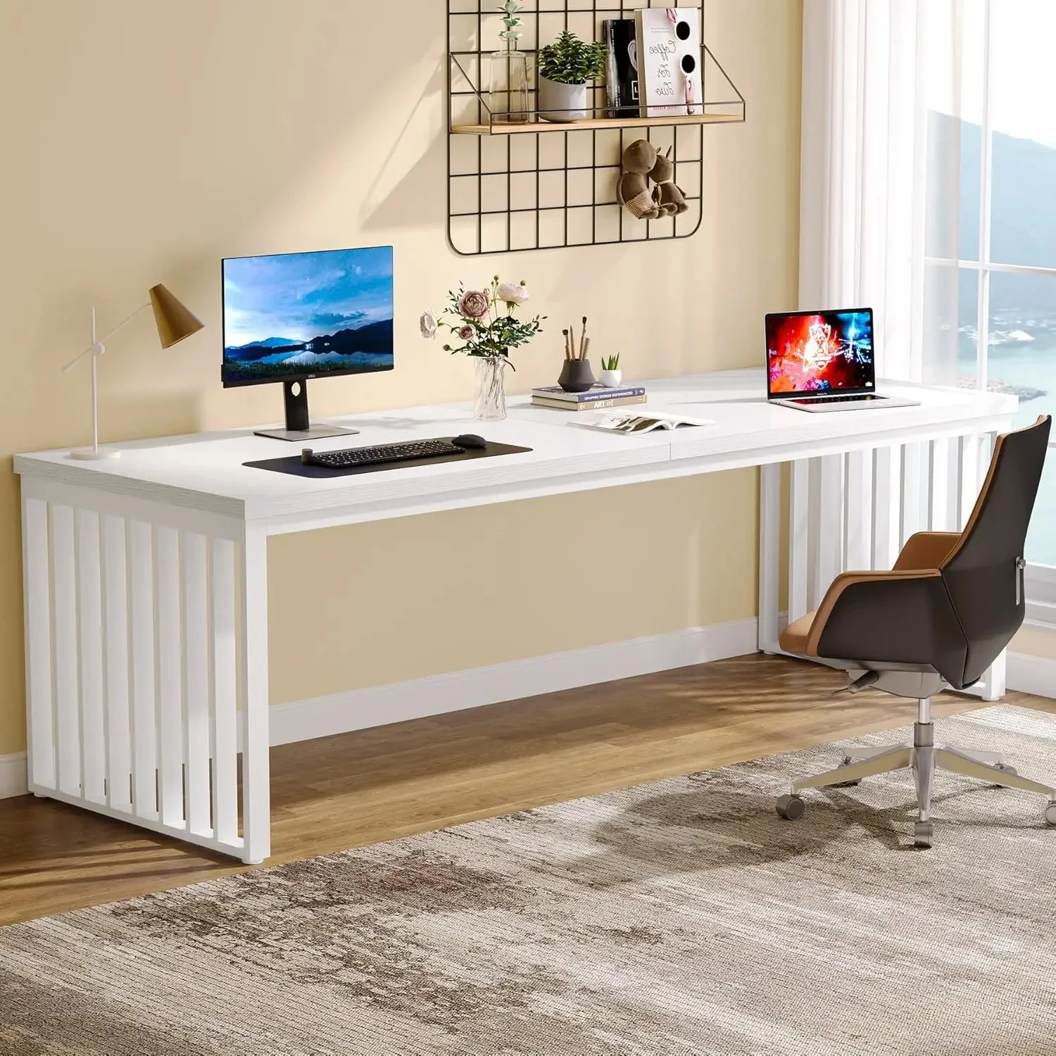 LITTLE TREE 2-persoons bureau met metalen frame, 180 cm dubbel bureau voor twee personen, industriële lange computer-schrijftafel