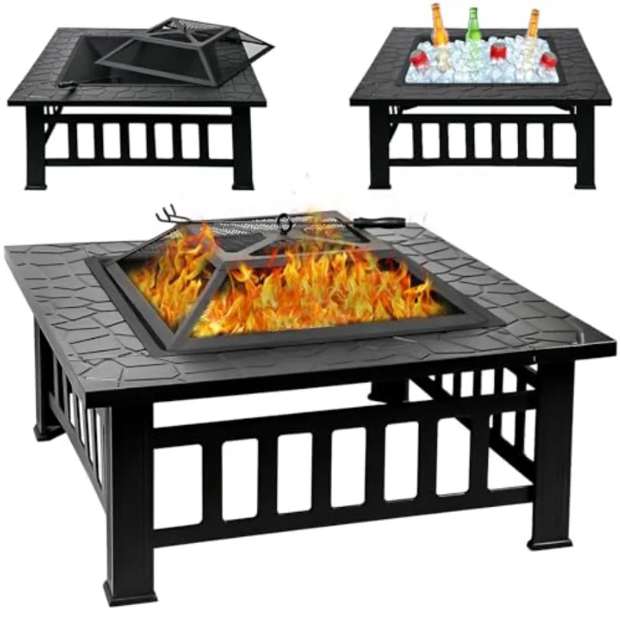 

32 Inch Fire Pit Table with Fire Poker and Spark Screen Outdoor Burning Fire Pits 3 in 1 Metal Square Firepit Stove for Outside