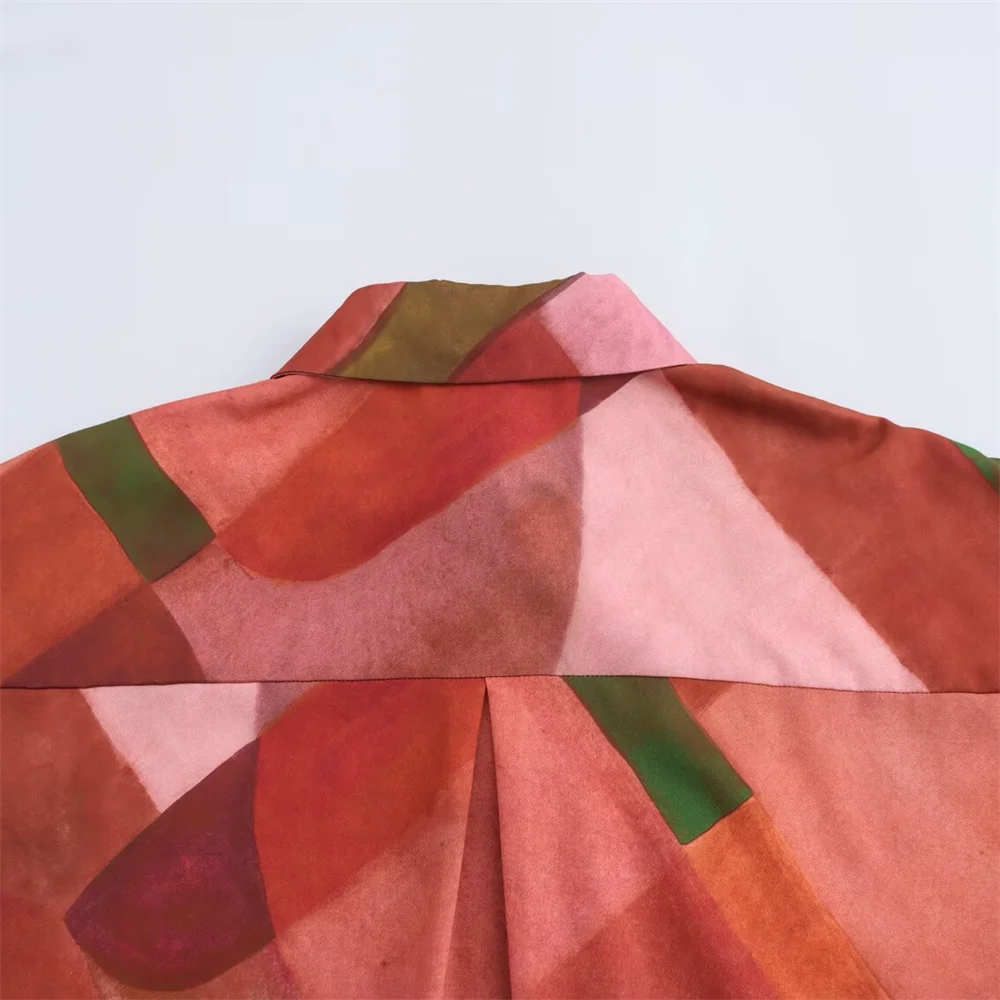 PB&ZA Womens Collared Button Up Blouse with Geometric Patchwork Pattern and Loose Fit for a Trendy and Comfortable Look