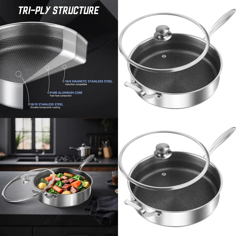 

8-кварцевая 13,5-дюймовая сковорода-сотейник из нержавеющей стали с антипригарным покрытием, трехслойная, с крышкой, совместима с индукционными плитами, подходит для мытья в посудомоечной машине и использования в духовке.