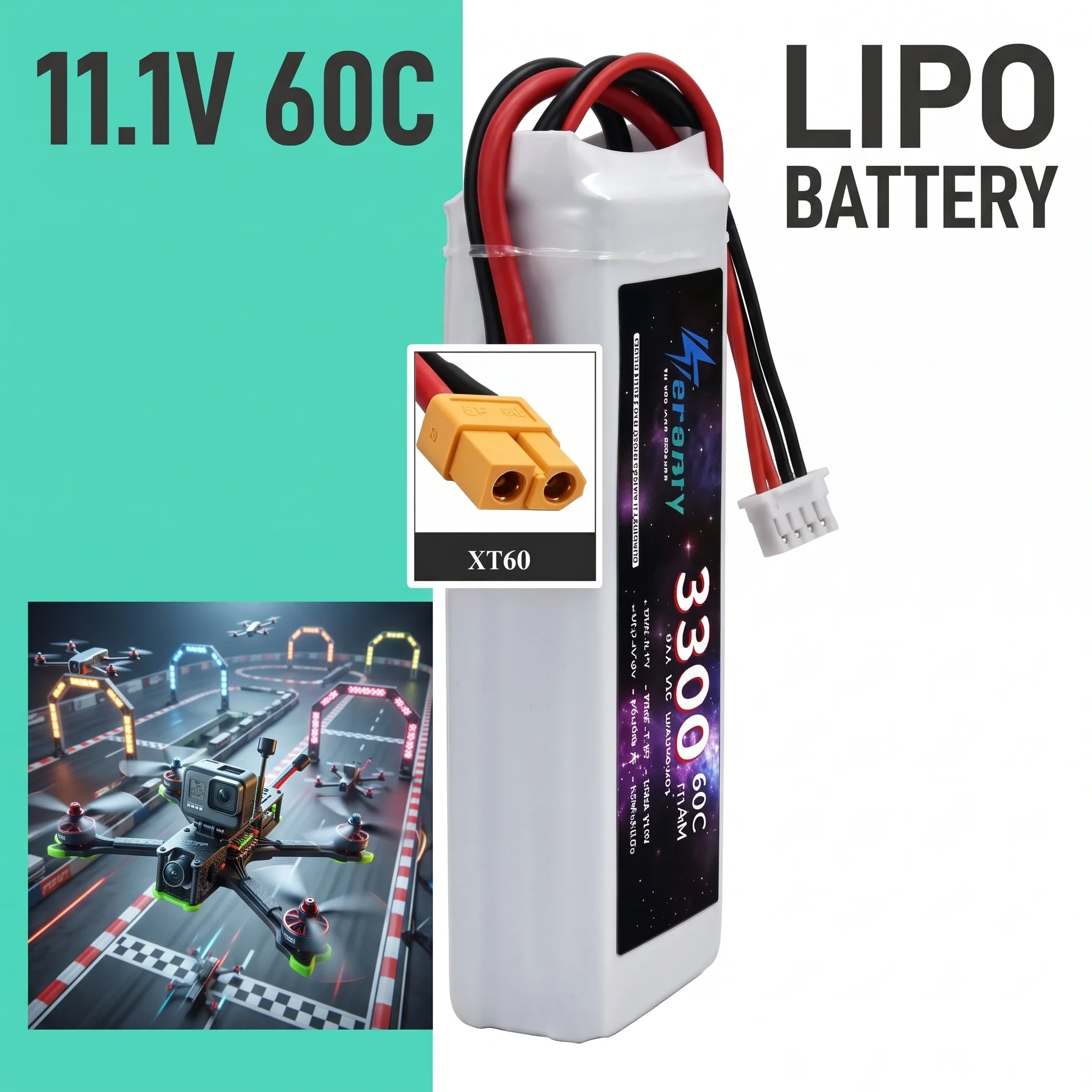 RC LiPo Battery 11.1V 3S 3300mAh 60C XT60 High Drain Pack for FPV Racing Drone Quadcopter Helicopter RC Car Boat Plane