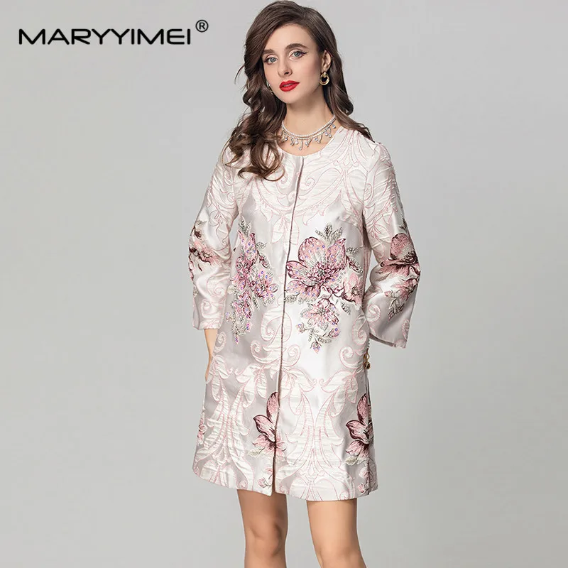 MARYYIMEI Summer New Style fashionable Dress Women Round neck Long Sleeved Crystal Beading design Elegant Dresses